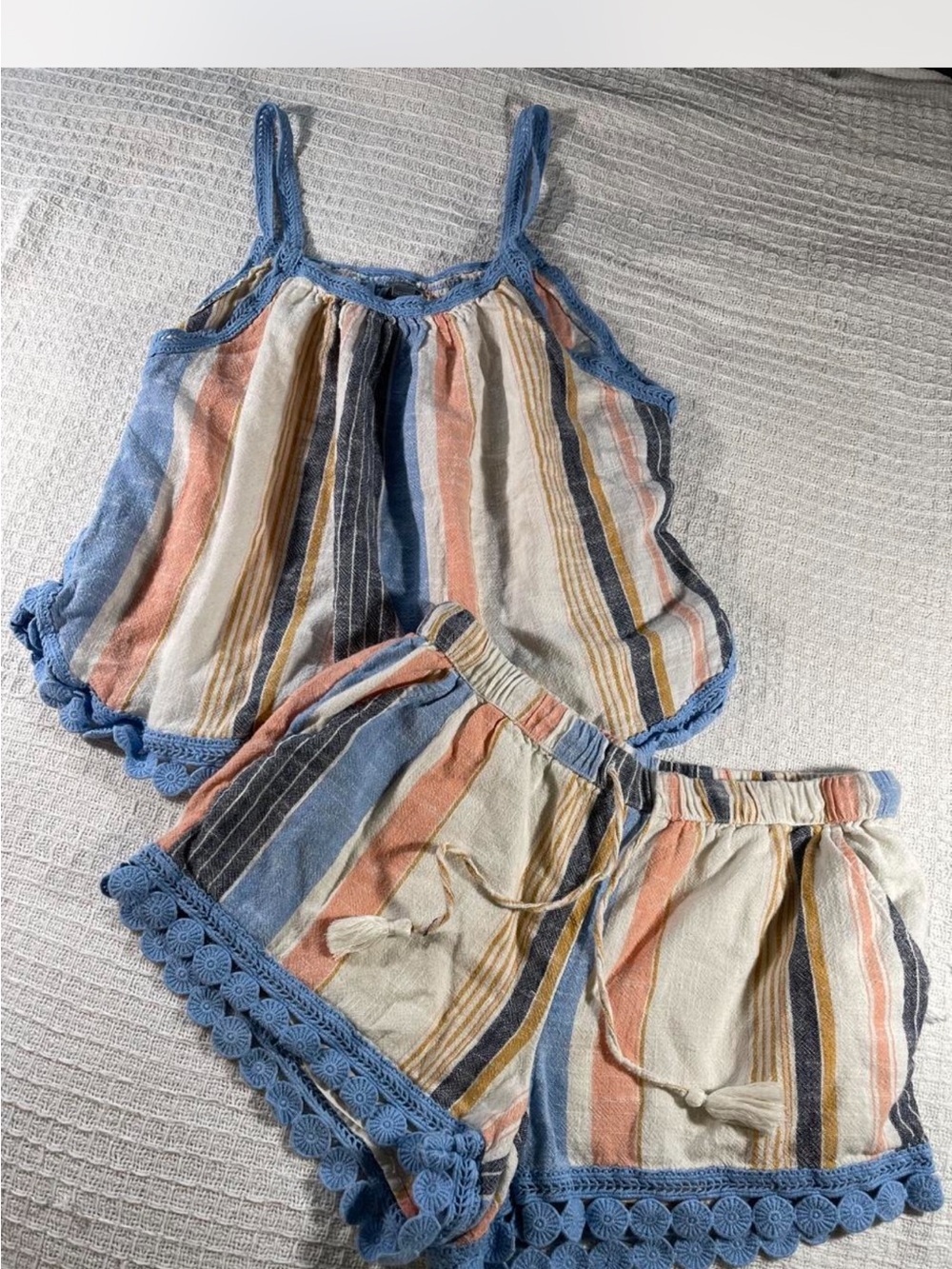 Aerie Striped Blue Trim Two-Piece Tank & Shorts Set